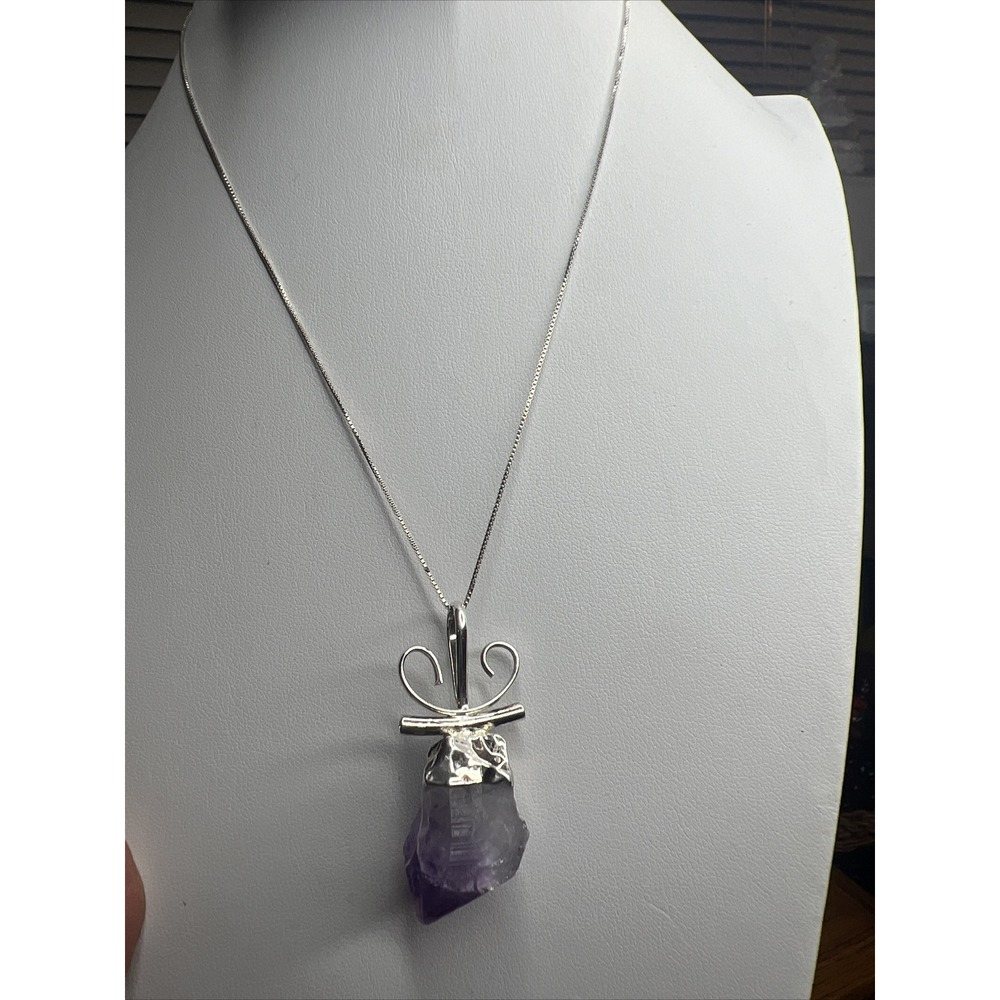 Sterling Silver 925 Amethyst Crystal Point Pendant 16in Box Chain Necklace Italy